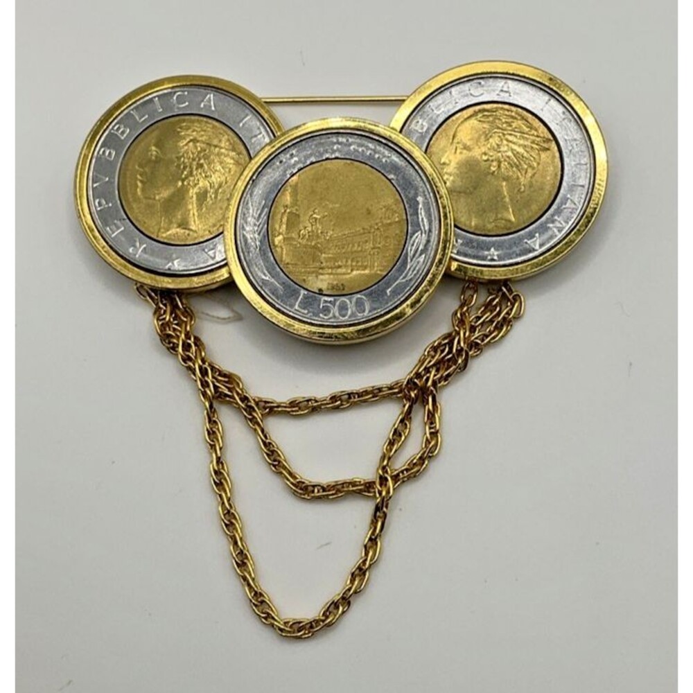 Goldtone Lira Coin Brooch Fashion Jewelry Fashion Art to Wear